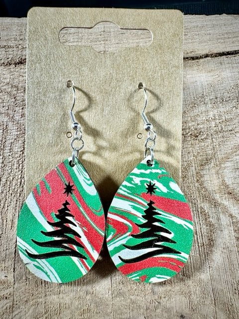 Christmas Pattern Wood Earrings with Christmas Tree Cut Out