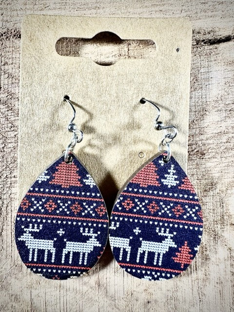 Christmas Pattern Wood Teardrop Earring