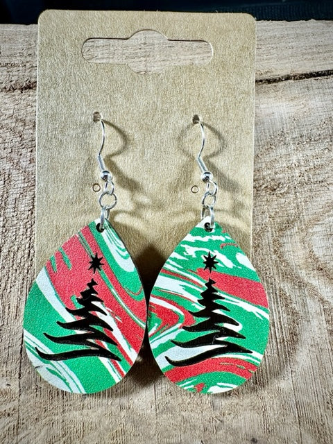 Christmas Pattern Wood Earrings with Christmas Tree Cut Out
